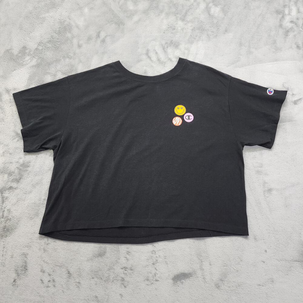 Champion Crop Tee Womens L Black Smiley Face Patches Love Casual Athleisure